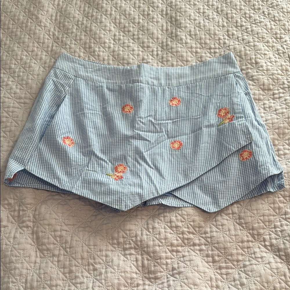 Altar'd State Light Blue Checkered Shorts/skort  with Orange Floral Embroidery